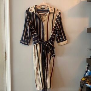 NWT Fate Striped Button Down Belted Midi Dress Cream Navy White Burgundy Collar